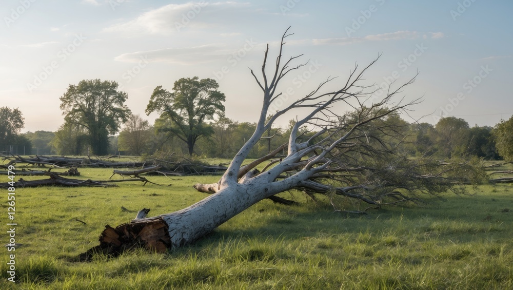 Poster fallen tree in a grassy field with clear blue sky and distant trees during daytime copy space
