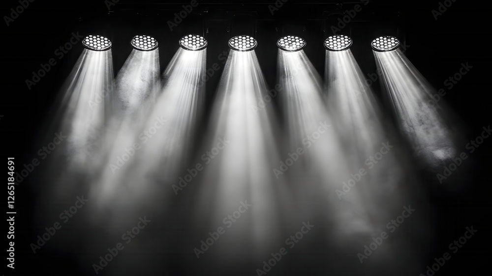 Poster stage lighting array with bright white beams and haze creating dramatic atmosphere and depth