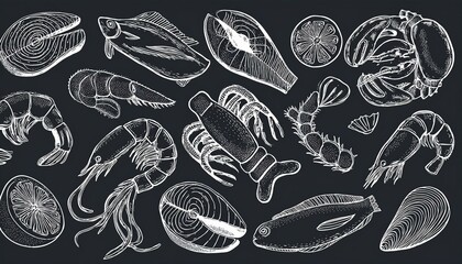 Hand drawn set of seafood elements, fish, lobster, oyster, octopus, shrimp. Doodle sketch style. Sea food element drawn by dogital pen. perfect any project for icon, menu, recipe design.