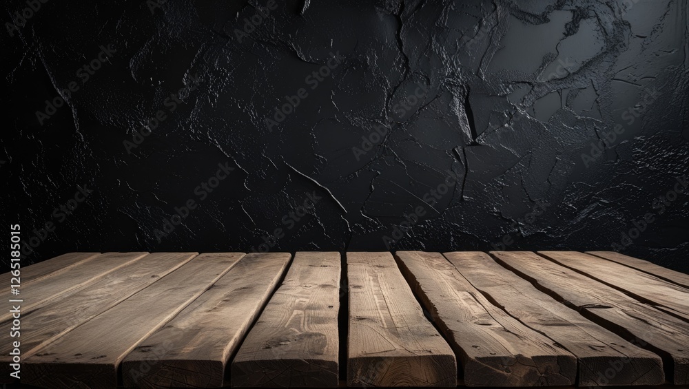 Aufkleber wooden tabletop with rustic planks on dark textured background suitable for product display and phot