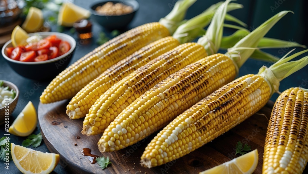 Poster grilled corn on the cob with fresh ingredients in a rustic setting with copy space for text