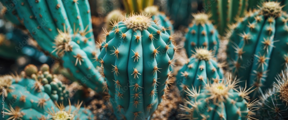 Poster close-up view of vibrant turquoise cacti with sharp spines in a desert setting suitable for various 