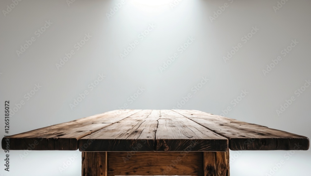 Poster wooden table with textured surface illuminated by soft overhead light against a plain background sui