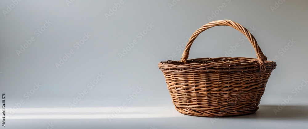 Aufkleber woven wicker basket on a light gray background with copy space for text placement