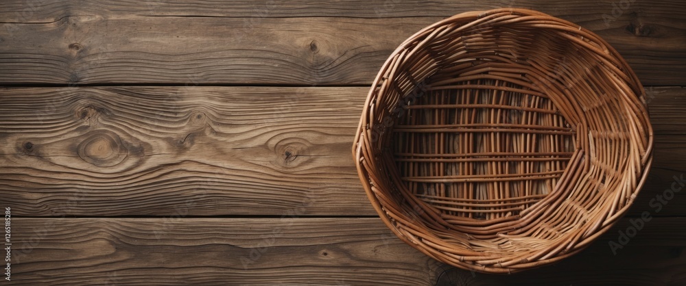 Aufkleber woven wicker basket on wooden surface with rustic texture and copy space for text placement