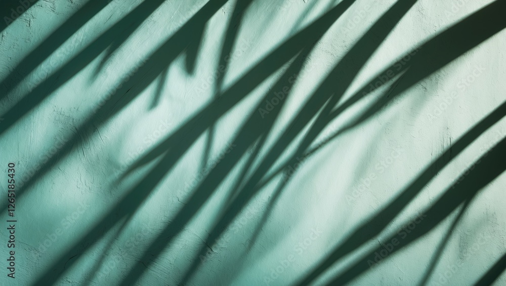 Poster green wall surface with long shadows of leaves creating an abstract pattern suitable for backgrounds