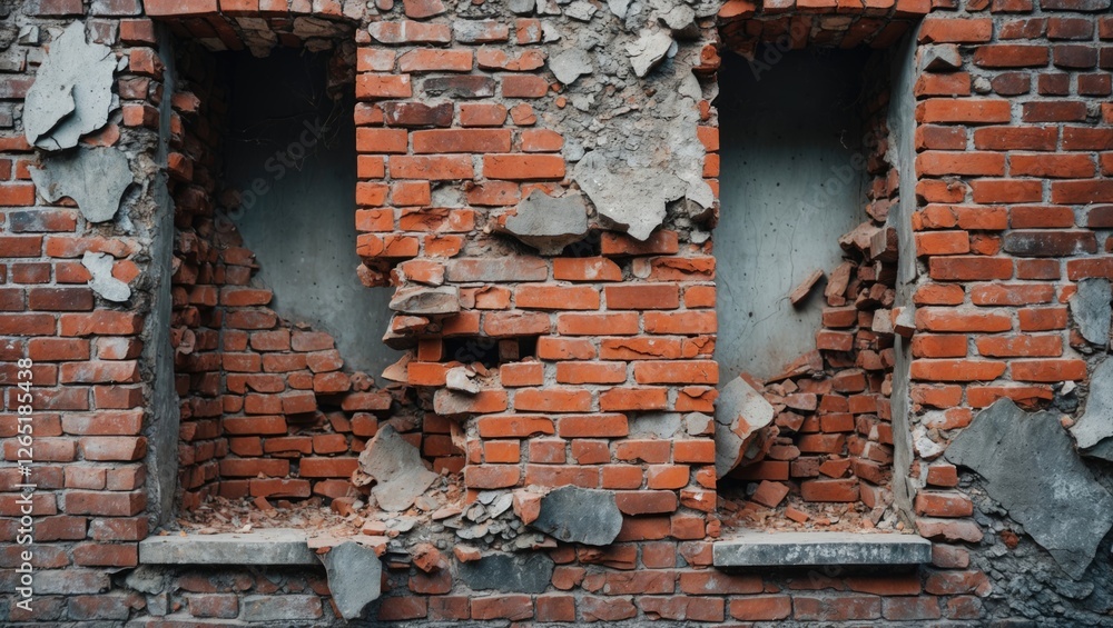 Poster old brick wall with damaged sections and empty window openings showcasing texture and decay, ideal f