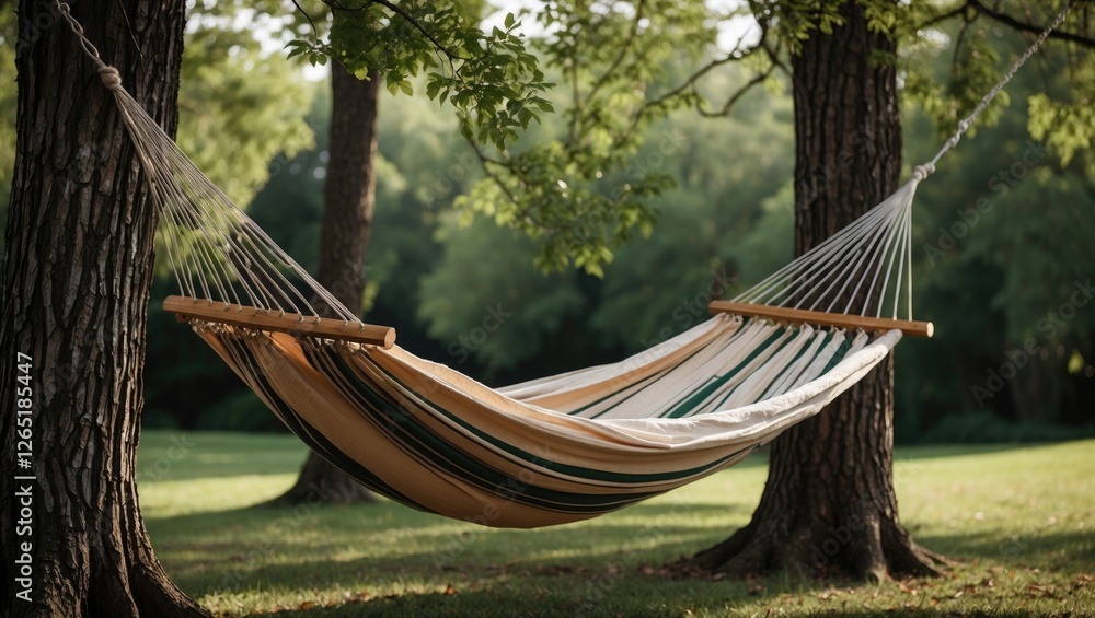Poster hammock suspended between two trees in a green park setting with soft morning light and ample copy s