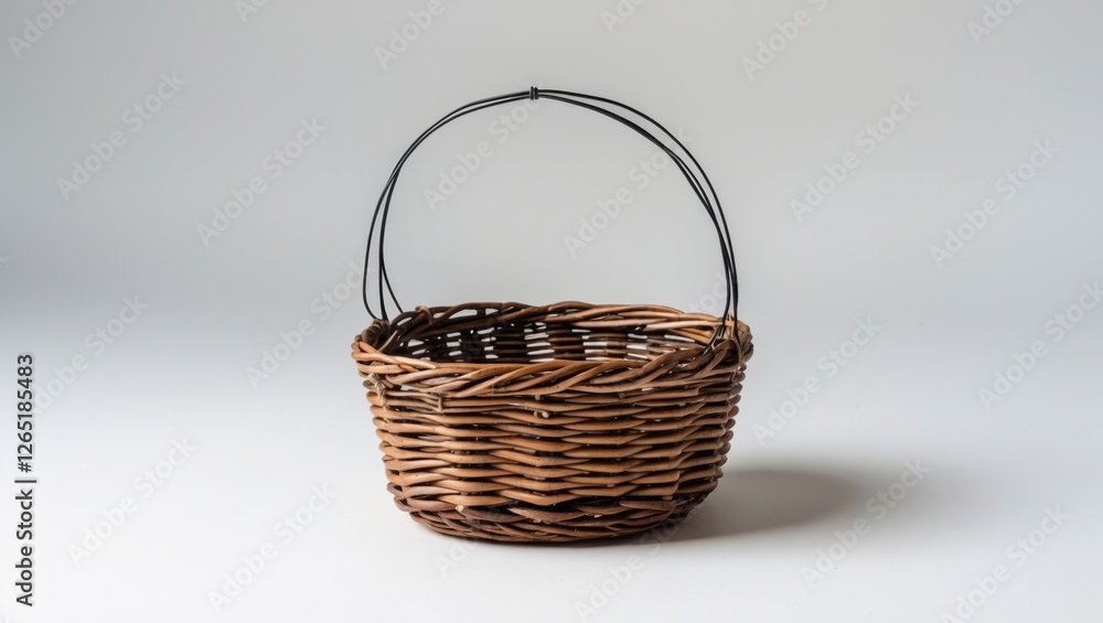 Aufkleber woven wicker basket with metal handle on neutral background featuring ample copy space for text plac