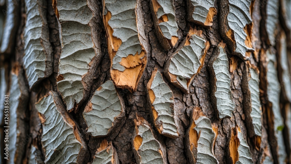 Poster close-up of textured tree bark showing intricate patterns and natural colors with visible cracks and