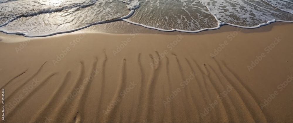 Poster waves gently crashing on sandy beach creating natural patterns and textures with sunlight reflection