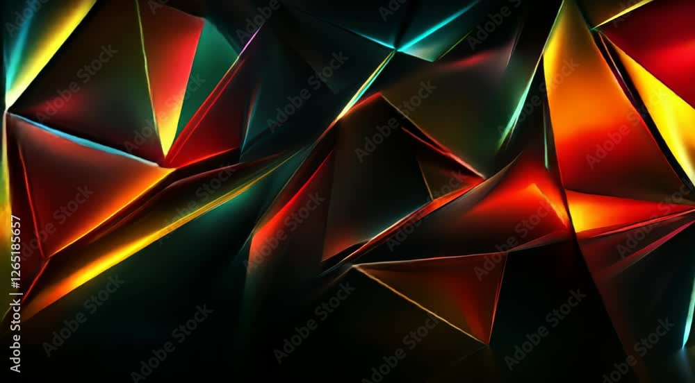 Poster dynamic abstract composition featuring colorful geometric shapes illuminated by vibrant lighting eff