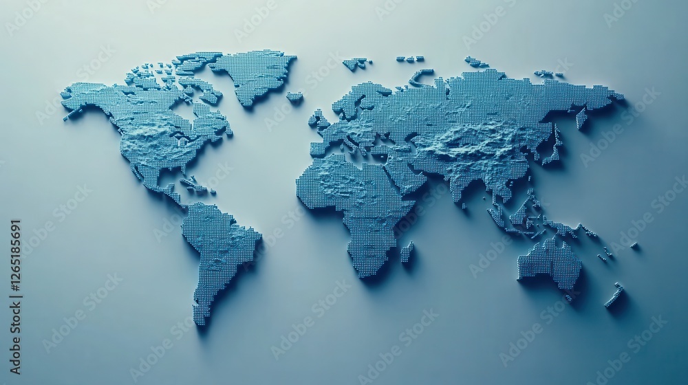 Aufkleber a blue pixelated world map is depicted on a white background with light gradient effects, representi
