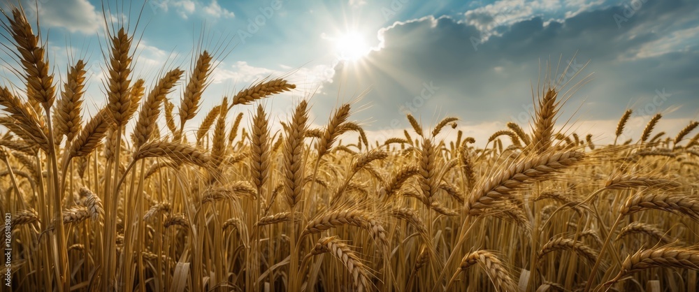 Poster golden wheat field under a bright sun with blue sky and scattered clouds in the background featuring