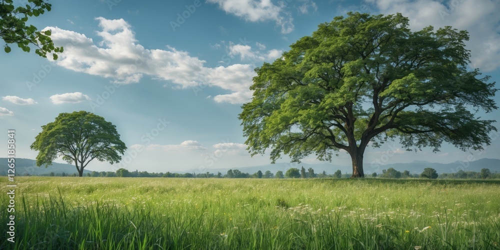 Poster lush green landscape with two large trees in a field under a blue sky and white clouds natural scene