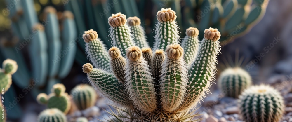 Poster close-up of unique cactus species with spines and developing buds in arid environment showcasing des