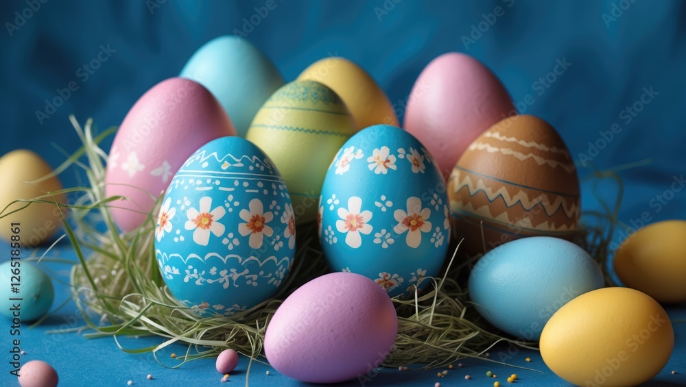 Poster colorful decorated easter eggs arranged in a nest with grass on a blue background with ample copy sp