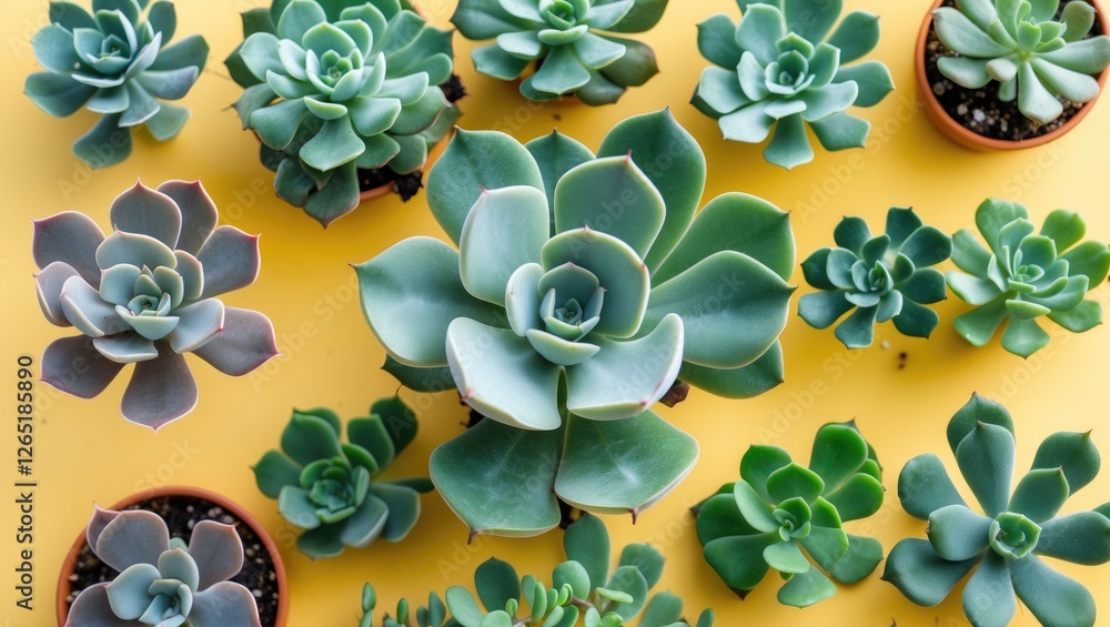 Poster assorted succulent plants in small pots arranged on a yellow background with copy space for text.