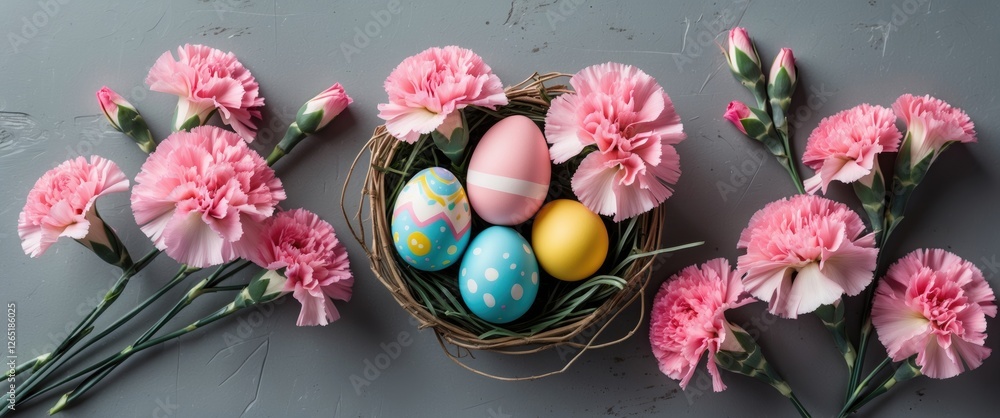 Poster colorful easter eggs in a nest surrounded by pink carnations on a gray background with copy space.