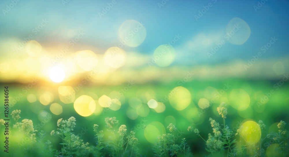 Poster spring landscape with wildflowers and soft focus bokeh effect during sunrise natural background with
