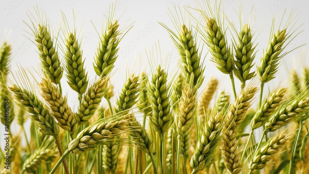Poster close-up view of vibrant green wheat spikes growing in field with blurred background and copy space 