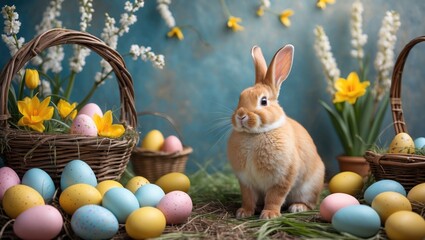 Brown rabbit sitting among Easter eggs and flowers near wicker baskets on a grassy surface with decorative background Copy Space