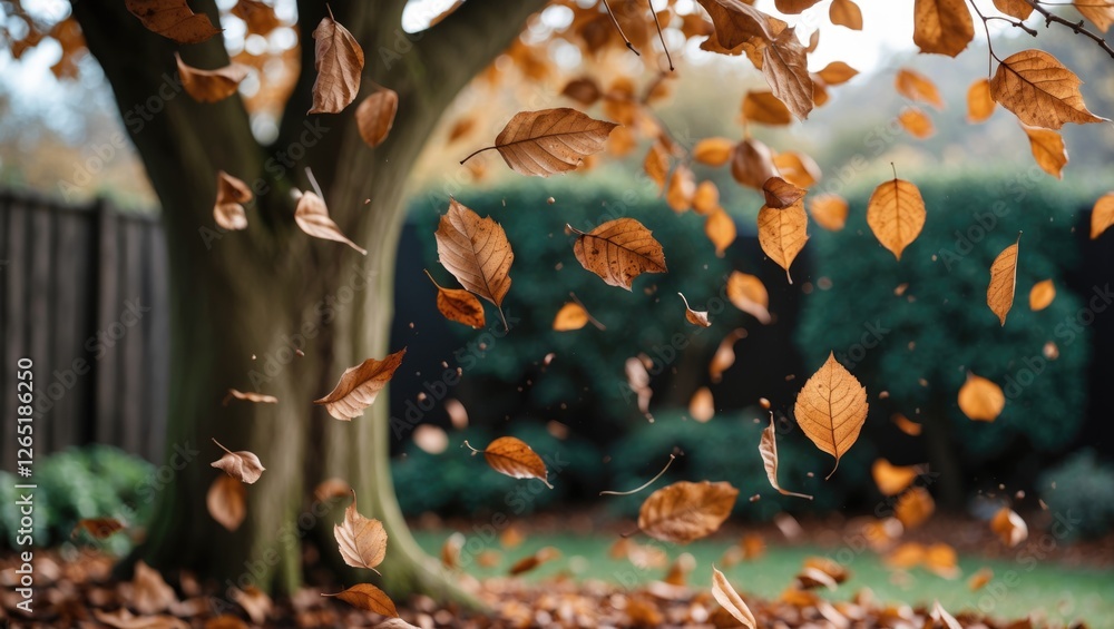 Aufkleber autumn leaves falling from a tree in motion against a blurred garden background with copy space for 
