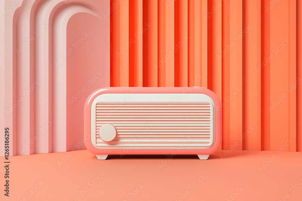 Poster an old radio on an orange and white background with pink accents, featuring a simple and minimalisti