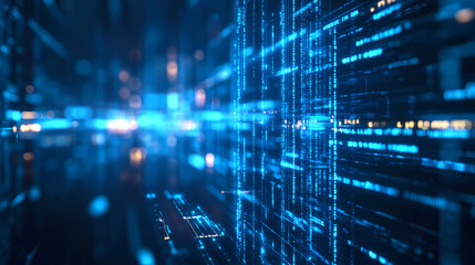 A binary code background with a blue glow and bokeh lights, representing a computer digital data concept