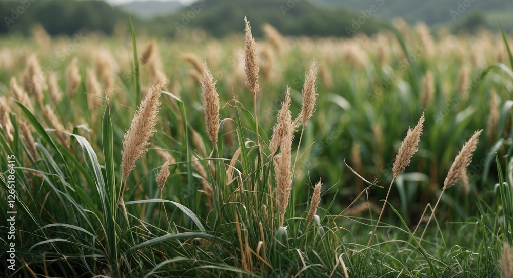Aufkleber pampas grass in a wide field with green foliage and soft bokeh background copy space