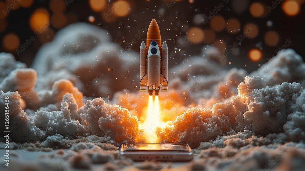 Aufkleber an enchanting image of a rocket propelling from a smartphone, surrounded by an explosion of vibrant 
