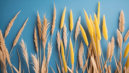 Dried grass and yellow flowered grasses arranged against a blue background with copy space for text placement