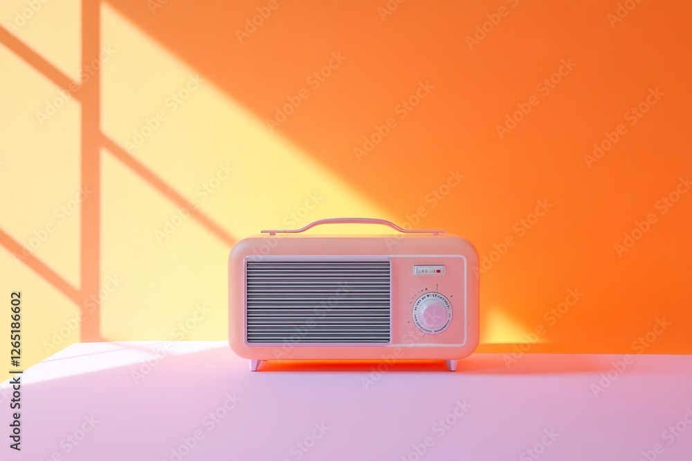 Poster an old radio on an orange and white background with pink accents, featuring a simple and minimalisti