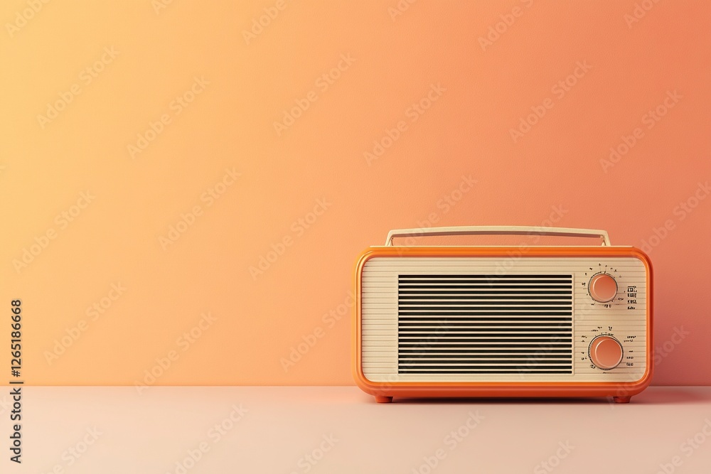 Poster an old radio on an orange and white background with pink accents, featuring a simple and minimalisti