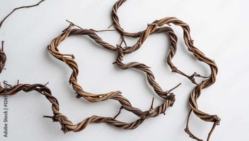 Poster twisted natural vines on white background with organic texture and tones for design projects and bac