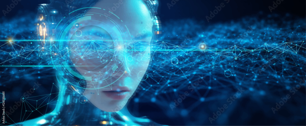Fototapete Vector Abstract modern technology futuristic, AI bot, Artificial Intelligence concept. Robot and cyberspace, digital data, datum communication, innovation on hi tech future design for background
