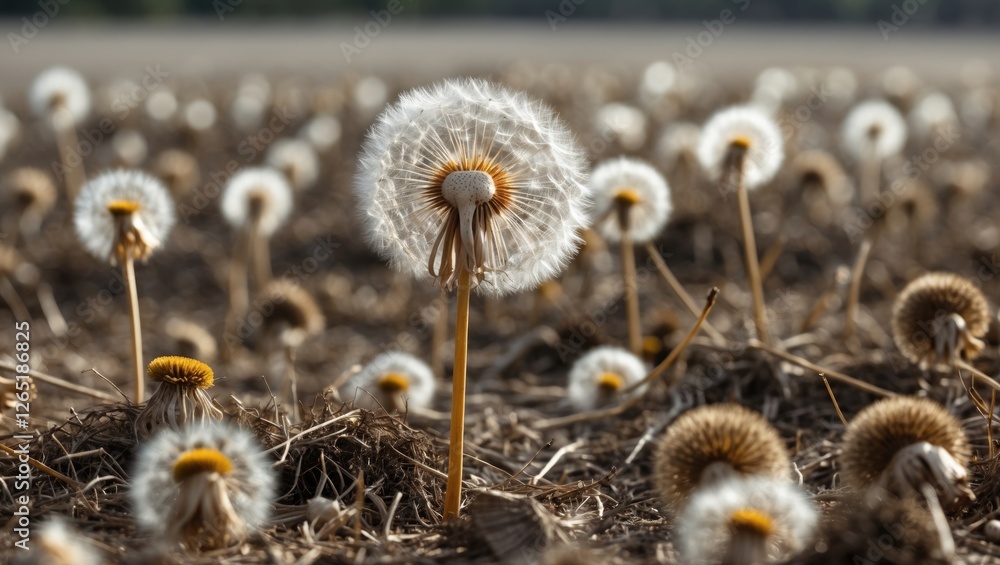 Aufkleber field of dandelions in various stages of seed maturation with a blurred background and copy space fo