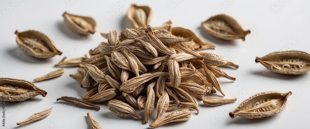 Poster dry seed pods on a light surface with isolated scattered seeds and ample copy space for text placeme
