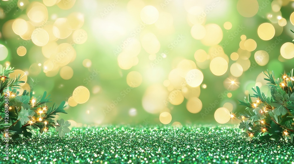 Poster a sparkling green background with soft golden bokeh lights and lush foliage, creating a festive and 