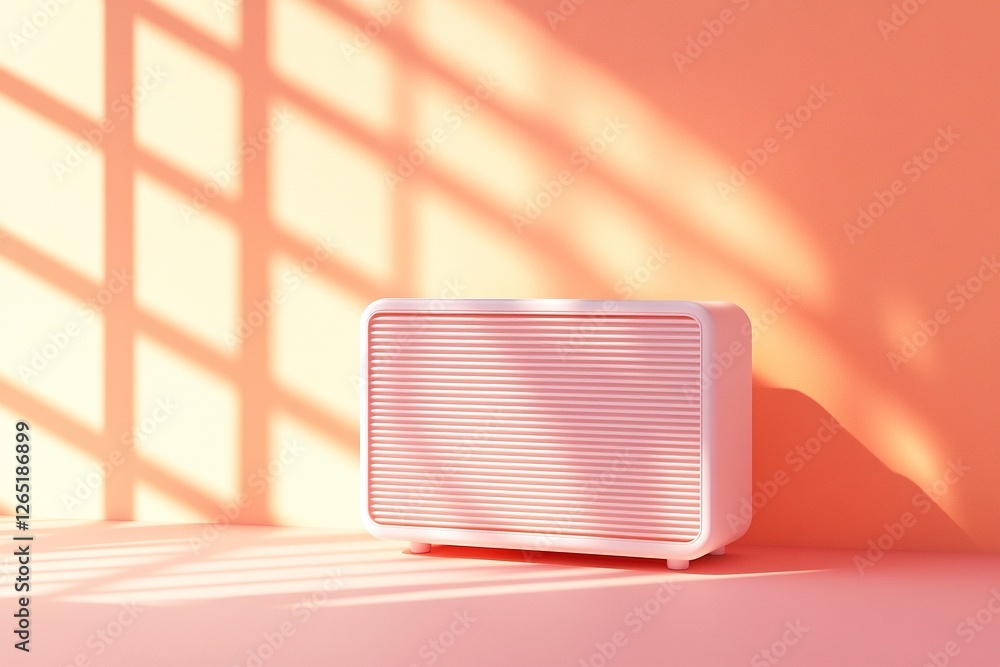 Poster an old radio on an orange and white background with pink accents, featuring a simple and minimalisti