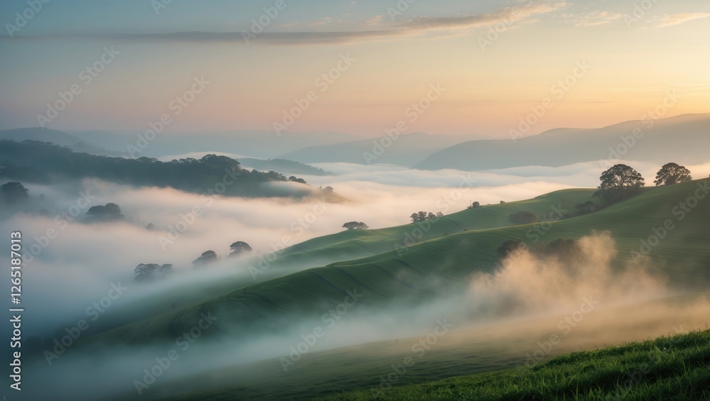 Poster misty hills landscape at dawn with rolling green fields and fog in valleys under soft natural light 