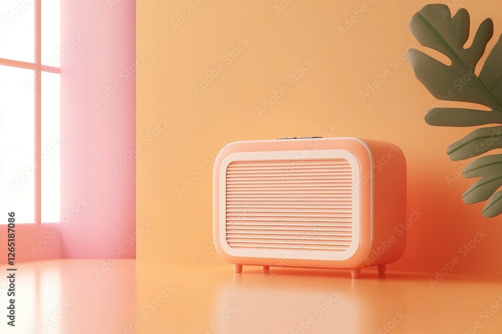 Poster an old radio on an orange and white background with pink accents, featuring a simple and minimalisti