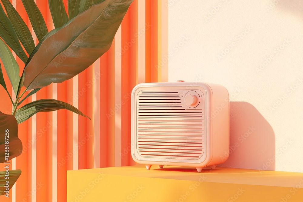 Poster an old radio on an orange and white background with pink accents, featuring a simple and minimalisti