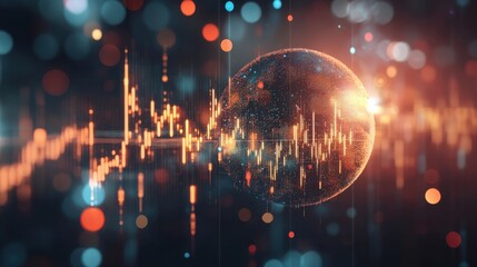 Abstract glowing polygonal globe on blurry starry sky background with candlestick forex graph. Earth, trade, stock, technology and digital world concept. 3D Rendering