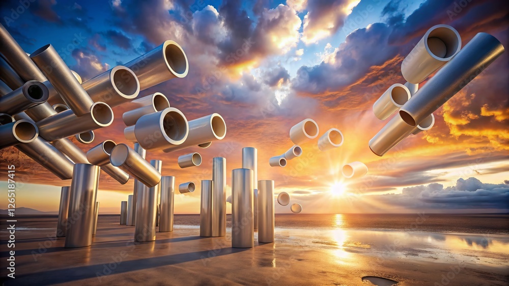 Poster surreal floating geometric tubes landscape - abstract architecture in nature