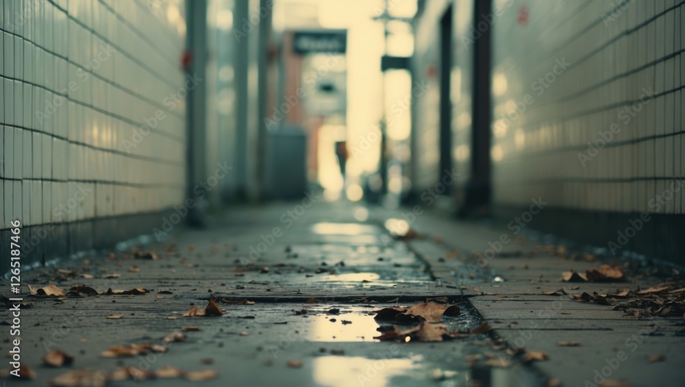 Poster narrow urban alleyway with wet pavement and fallen leaves reflecting light, soft depth of field and 