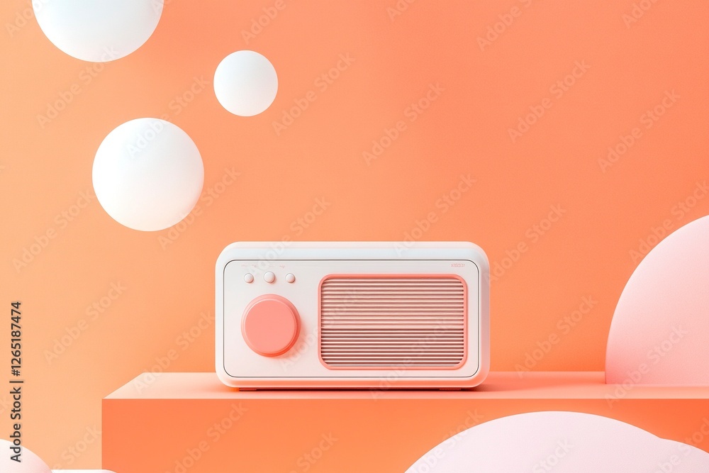 Poster an old radio on an orange and white background with pink accents, featuring a simple and minimalisti