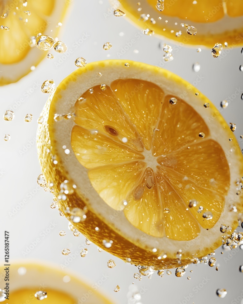 Poster close up of fresh lemon slice with sparkling water droplets in a refreshing scene