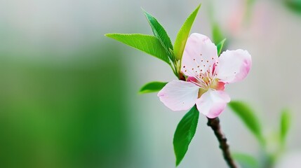 Fototapeta premium Delicate Pink Blossom Blooming on a Green Leafy Branch with Soft Focus Background