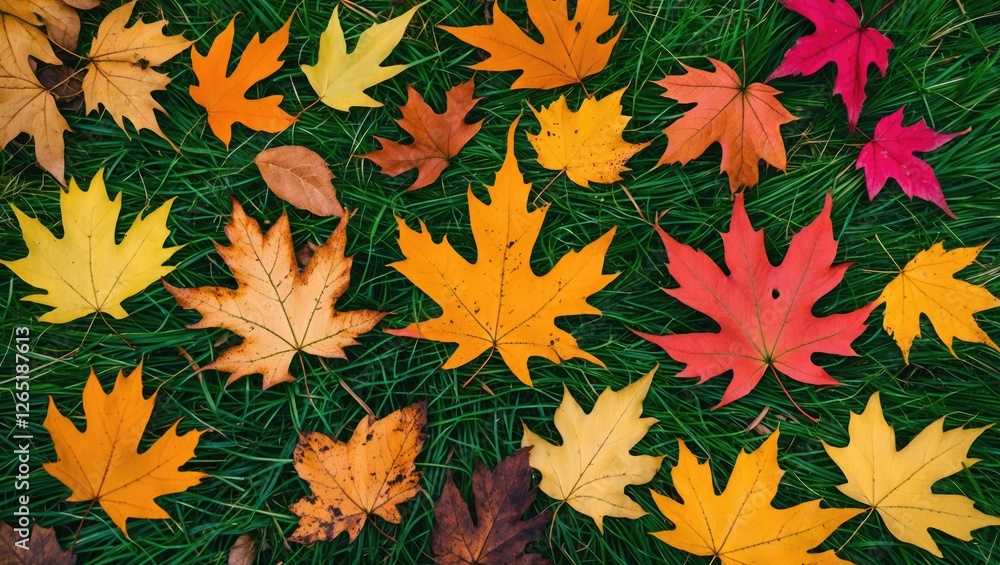 Poster colorful autumn leaves on green grass background with varying shapes and sizes. copy space for text 